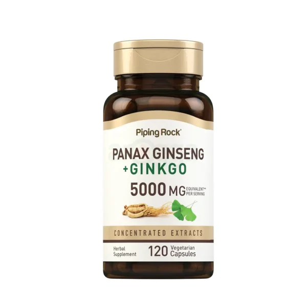 Piping Rock Panax Ginseng Capsules | 5000 mg | 120 Count | with Ginkgo Biloba | Vegetarian, Non-GMO, and Gluten Free Supplement