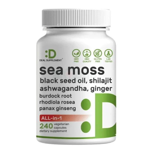 DEAL SUPPLEMENT Irish Sea Moss 7000mg Per Serving, 240 Veggie Capsules – 14 Superfood Complex – 3000mg Black Seed Oil, 2000mg Ashwagandha, 600mg Ginger