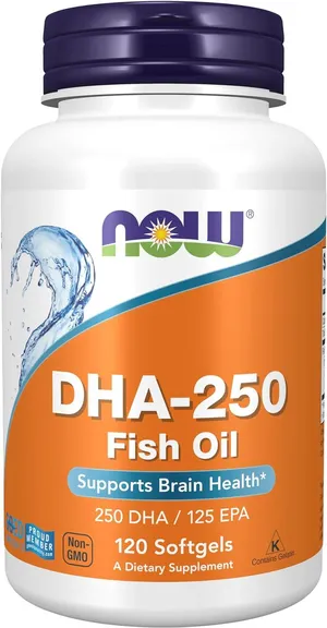 NOW Supplements, DHA-250 with 125 EPA, Molecularly Distilled, Supports Brain Health*, 120 Softgels